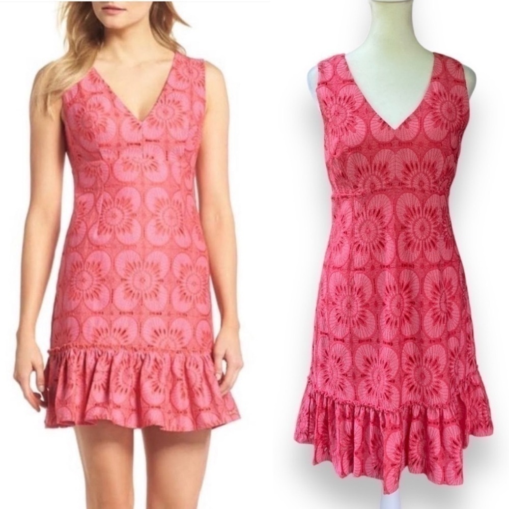 TRINA Turk Carpenteria Floral Lace Ruffle Hem Mini Dress in Peony | Size 8